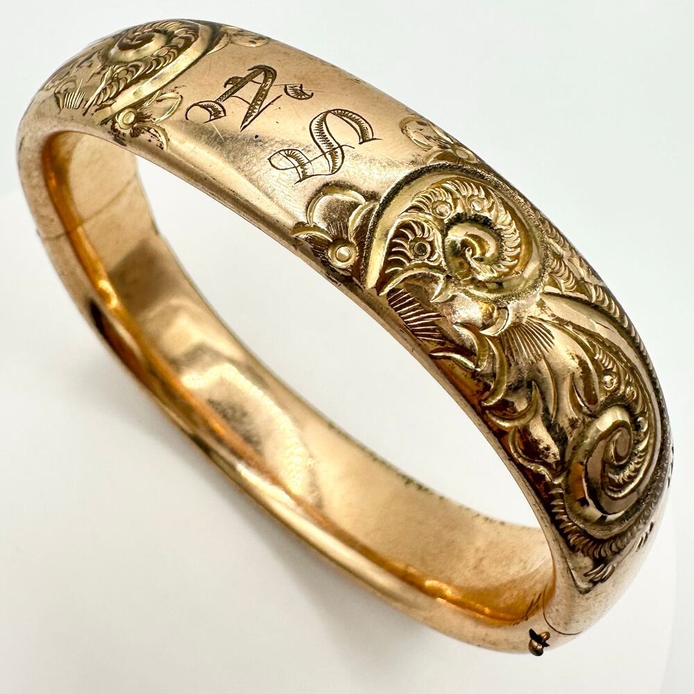 Antique Victorian large rose gold filled embossed etched hinged bangle bracelet